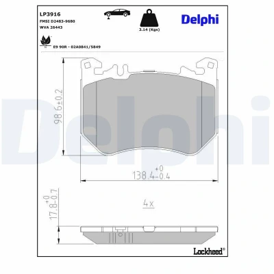 Kuva DELPHI LP3916 Jarrupalat Kulumisenilmaisemelle Huudonvaimennuspellillä Ilman tarvikkeita