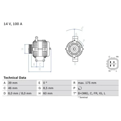 Kuva BOSCH 0 986 082 420 Laturi 14V 100A HONDA: CR V 3, Accord 7 Tourer, CIVIC 8 Hatchback