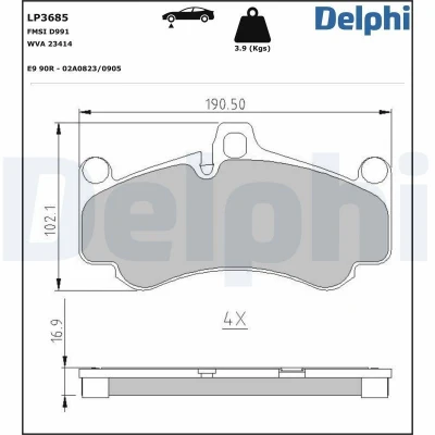 Kuva DELPHI LP3685 Jarrupalat Kulumisenilmaisemelle Huudonvaimennuspellillä Ilman tarvikkeita PORSCHE: 911 Coupe, Cabriolet
