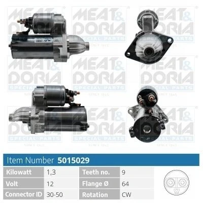 Kuva MEAT &amp; DORIA 5015029 Starttimoottori 12V 1,3kW 9 30 50 64mm OPEL: Combo D Van / Farmari, Agila A, Corsa Hatchback, FIAT: Punto Evo Hatchback