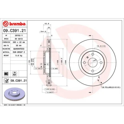 Kuva BREMBO 09.C391.21 Jarrulevyt 280 22 4 tuuletettu sisältä pinnoitettu hiiliteräs