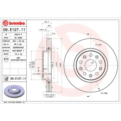 Kuva BREMBO 09.E127.11 Jarrulevyt 330 28 5 tuuletettu sisältä pinnoitettu