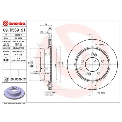Kuva BREMBO 09.D569.21 Jarrulevyt 307 20 5 tuuletettu sisältä pinnoitettu