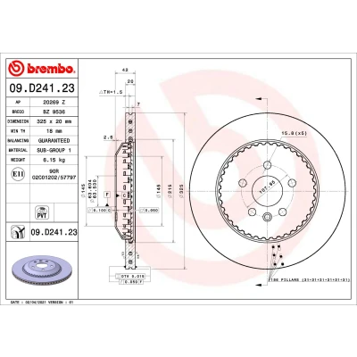 Kuva BREMBO 09.D241.23 Jarrulevyt 325 20 5 tuuletettu sisältä, kaksiosainen jarrulevy pinnoitettu