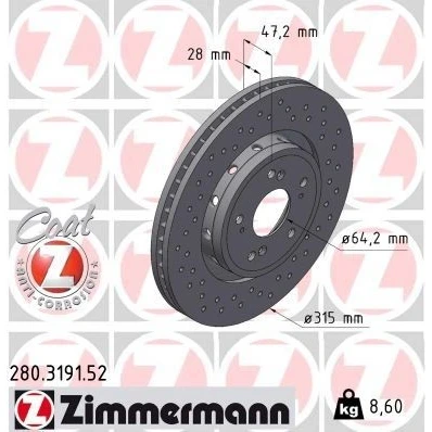 Kuva ZIMMERMANN 280.3191.52 Jarrulevyt 315 28 9/5 5 114 Tuuletettu, ulko, reijitetty pinnoitettu HONDA: CR V 4