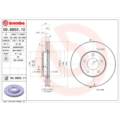 Kuva BREMBO COATED DISC LINE 09.8953.11 Jarrulevyt 278 24 5 tuuletettu sisältä pinnoitettu FORD: Maverick SUV