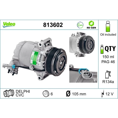 Kuva VALEO 813602 Ilmastoinnin Kompressori CVC 12 PAG 46 R 134a kompressoriöljyllä REMANUFACTURED OPEL: Astra H Caravan, Zafira B, GTC