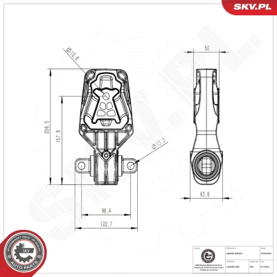 Kuva ESEN SKV 75SKV049 Moottorin Kumityyny Takana Kumimetallilaakeri Alumiini, Kumi 207mm 64mm