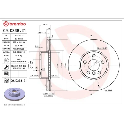 Kuva BREMBO 09.D338.21 Jarrulevyt 307 24 5 tuuletettu sisältä pinnoitettu hiiliteräs