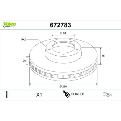 Kuva VALEO Jarrulevy MERCEDES BENZ: Citan Van, RENAULT: Kangoo II / Grand Etuakseli 280mm 26mm 5 aukko Tuuletettu 672783 Jarrulevyt