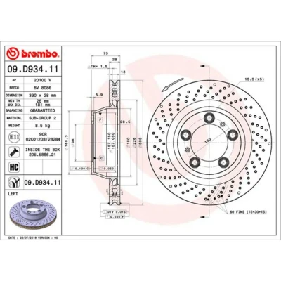 Kuva BREMBO 09.D934.11 Jarrulevyt 330 28 5 rei&#039;itetty/tuuletettu sisältä pinnoitettu hiiliteräs Ruuveilla