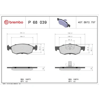 Kuva BREMBO P 68 039 Jarrupalat Ilman kulumisenilmaisinta tarvikkeita DACIA: Logan I Express, Pick up