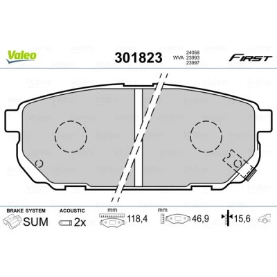 Kuva VALEO 301823 Jarrupalat FIRST Taka akseli Sis. kulumisenilmaisimen ilman huudonvaimennuspeltiä KIA: SORENTO 1
