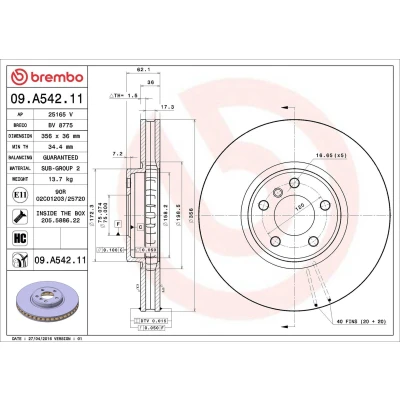 Kuva BREMBO COATED DISC LINE 09.A542.11 Jarrulevyt 356 36 5 tuuletettu sisältä pinnoitettu hiiliteräs Ruuveilla BMW: X5