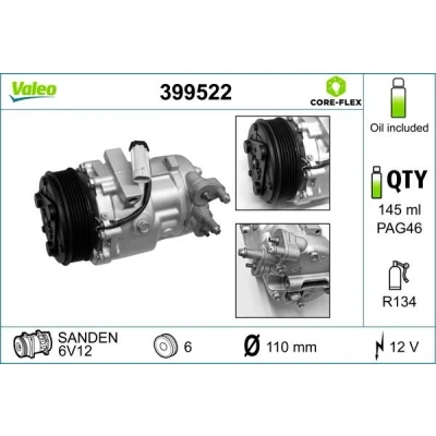 Kuva VALEO 399522 Ilmastoinnin Kompressori 6V12 12V PAG 46 R134a kompressoriöljyllä