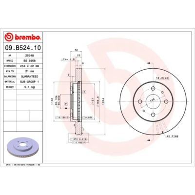Kuva BREMBO 09.B524.10 Jarrulevyt 254 22 4 tuuletettu sisältä DAIHATSU: Materia