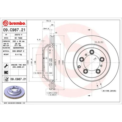 Kuva BREMBO 09.C987.21 Jarrulevyt 330 28 5 tuuletettu sisältä pinnoitettu hiiliteräs Ruuveilla