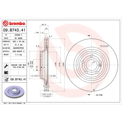 Kuva BREMBO COATED DISC LINE 09.B743.41 Jarrulevyt 320 24 5 tuuletettu sisältä pinnoitettu hiiliteräs Ruuveilla
