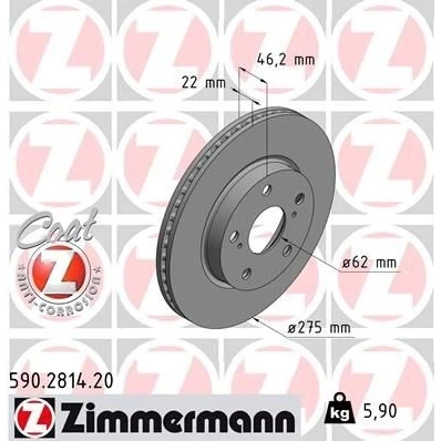 Kuva ZIMMERMANN COAT Z 590.2814.20 Jarrulevyt 275 22 7/5 5 114 tuuletettu sisältä pinnoitettu hiiliteräs TOYOTA: Auris Hatchback, Corolla XI Sedan