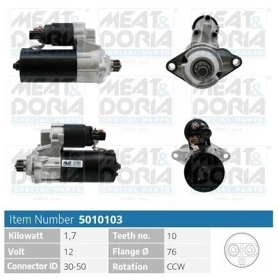 Kuva MEAT &amp; DORIA 5010103 Starttimoottori 12V 1,7kW 10 30 50 76mm SKODA: Octavia II Hatchback, 2 Combi