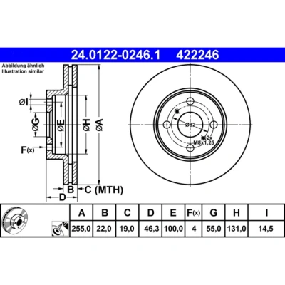 Kuva ATE 24.0122 0246.1 Jarrulevyt 255,0 22,0 4 100,0 Tuuletettu pinnoitettu TOYOTA: Yaris II Hatchback, III Hatchback