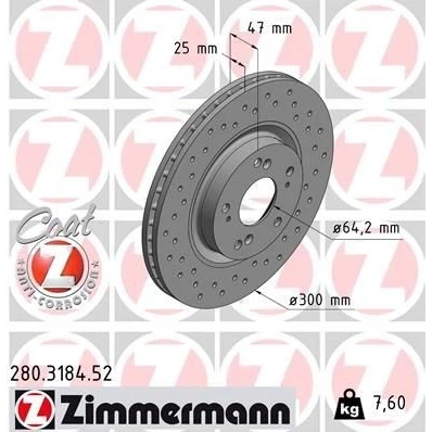 Kuva ZIMMERMANN 280.3184.52 Jarrulevyt 300 25 9/5 5 114 tuuletettu sisältä, reijitetty pinnoitettu HONDA: CIVIC 8, 8 Hatchback, CR V 2