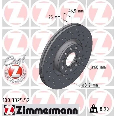Kuva ZIMMERMANN SPORT COAT Z 100.3325.52 Jarrulevyt 312 25 10/5 5 112 Tuuletettu, ulko, reijitetty pinnoitettu hiiliteräs VOLKSWAGEN: Passat B5 GP Variant