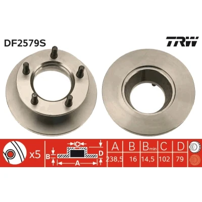 Kuva TRW Jarrulevy MERCEDES BENZ: MB 100 Flatbed Kuorma auto/Alusta 16mm 5 140mm täysi Lakattu DF2579S 6314200372,6314200772,A6314200372,A6314200772