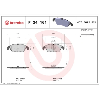 Kuva BREMBO P 24 161 Jarrupalat Ilman kulumisenilmaisinta Jarrusatulan ruuveilla tarvikkeita FORD: Focus 2