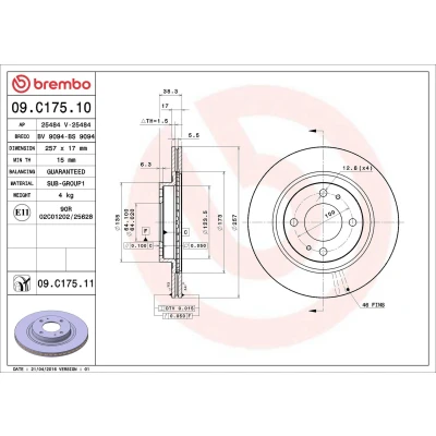 Kuva BREMBO COATED DISC LINE 09.C175.11 Jarrulevyt 257 17 4 tuuletettu sisältä pinnoitettu