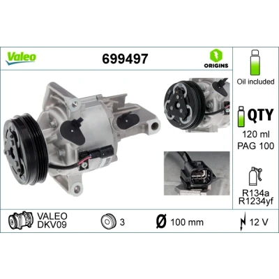 Kuva VALEO 699497 Ilmastoinnin Kompressori DKV09Z 12 PAG 100 R 134a, 1234yf kompressoriöljyllä DACIA: SANDERO 2