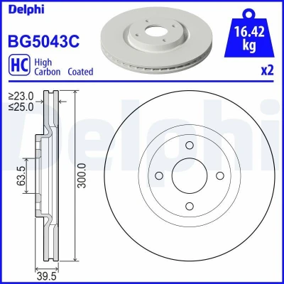 Kuva DELPHI BG5043C Jarrulevyt 300 25 4 Tuuletettu pinnoitettu käsittelemätön ilman pyöränlaakeria, ABS sensorirengasta FORD: Ecosport Mk2