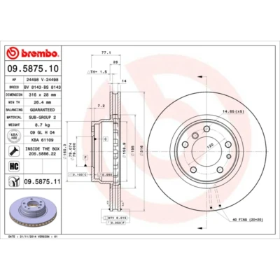 Kuva BREMBO 09.5875.11 Jarrulevyt 316 28 5 tuuletettu sisältä pinnoitettu hiiliteräs Ruuveilla BMW: 7