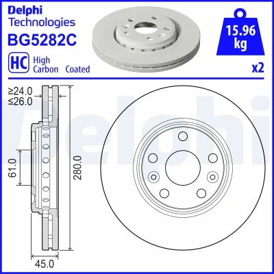 Kuva DELPHI Jarrulevy MERCEDES BENZ: Citan Van, Tila auto / Farmari, RENAULT: Kangoo II Express 280mm 26mm 5 Tuuletettu pinnoitettu hiiliteräs