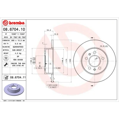 Kuva BREMBO COATED DISC LINE 08.6704.11 Jarrulevyt 265 10,5 5 täysi pinnoitettu Ruuveilla