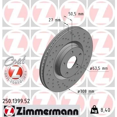 Kuva ZIMMERMANN 250.1399.52 Jarrulevyt 308 27 5/5 5 108 tuuletettu sisältä, reijitetty pinnoitettu FORD: Focus Mk4 Turnier, Hatchback