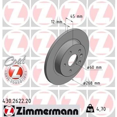 Kuva ZIMMERMANN COAT Z 430.2622.20 Jarrulevyt 268 12 6/5 5 105 täysi pinnoitettu OPEL: Astra J Sports Tourer, Hatchback, Mokka / X