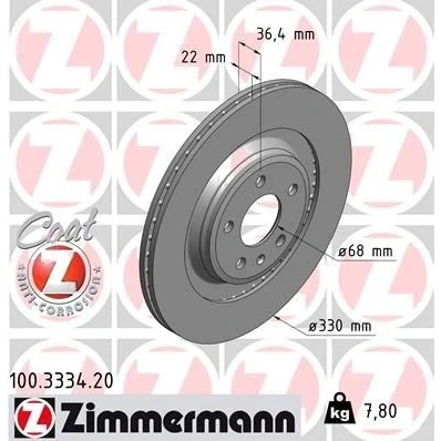 Kuva ZIMMERMANN COAT Z 100.3334.20 Jarrulevyt 330 22 6/5 5 112 Tuuletettu, ulko pinnoitettu hiiliteräs AUDI: A4 B8 Avant, Q5, A5 Sportback