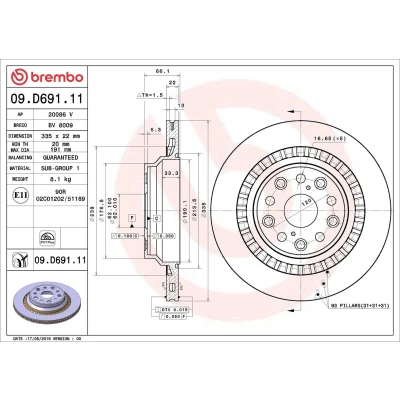 Kuva BREMBO 09.D691.11 Jarrulevyt 335 22 5 tuuletettu sisältä pinnoitettu LEXUS: LS IV