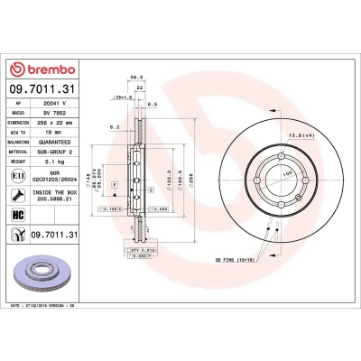 Kuva BREMBO 09.7011.31 Jarrulevyt 256 22 4 tuuletettu sisältä pinnoitettu hiiliteräs Ruuveilla SKODA: Citigo, VOLKSWAGEN: up! Hatchback