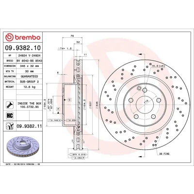 Kuva BREMBO COATED DISC LINE 09.9382.11 Jarrulevyt 345 32 5 rei&#039;itetty/tuuletettu sisältä pinnoitettu hiiliteräs Ruuveilla MERCEDES BENZ: S sarja Sedan