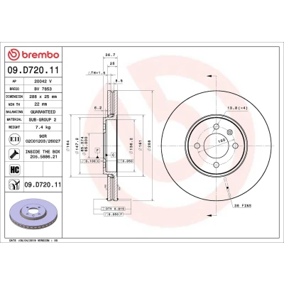 Kuva BREMBO 09.D720.11 Jarrulevyt 288 25 4 tuuletettu sisältä pinnoitettu hiiliteräs Ruuveilla VOLKSWAGEN: up! Hatchback