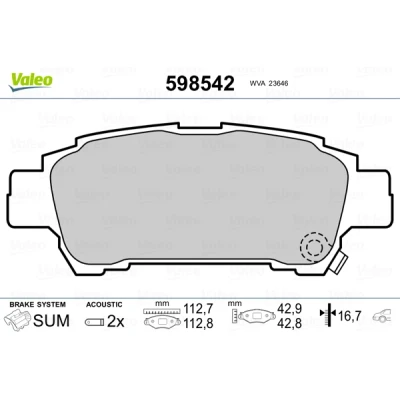 Kuva VALEO 598542 Jarrupalat Taka akseli Sis. kulumisenilmaisimen Huudonvaimennuspellillä TOYOTA: Avensis Verso, Alphard I, Previa / Estima II