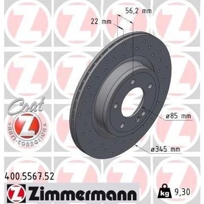Kuva ZIMMERMANN Jarrulevy 22mm 6/5 5 aukko 130mm tuuletettu sisältä, reijitetty pinnoitettu hiiliteräs 400.5567.52 4634230100,A4634230100 Jarrulevyt