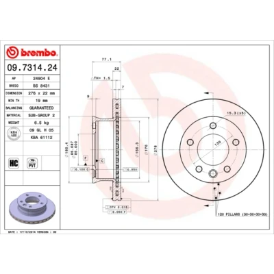 Kuva BREMBO 09.7314.24 Jarrulevyt 276 22 5 tuuletettu sisältä hiiliteräs VOLKSWAGEN: LT 28 46 2 Kasten, 35 II Bussi