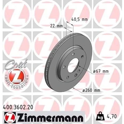 Kuva ZIMMERMANN COAT Z 400.3602.20 Jarrulevyt 260 22 6/5 5 112 tuuletettu sisältä pinnoitettu hiiliteräs MERCEDES BENZ: A sarja