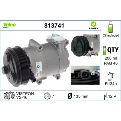 Kuva VALEO 813741 Ilmastoinnin Kompressori VS16 12V PAG 46 R134a kompressoriöljyllä REMANUFACTURED FORD: Transit Mk6 Bussi