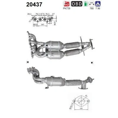 Kuva AS 20437 Katalysaattori 780mm FORD: MONDEO 4, 4 Turnier, Focus 2 Kombi