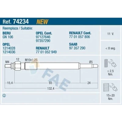 Kuva FAE 74234 Hehkutulppa 11V M 10x1,25 OPEL: Vectra C CC