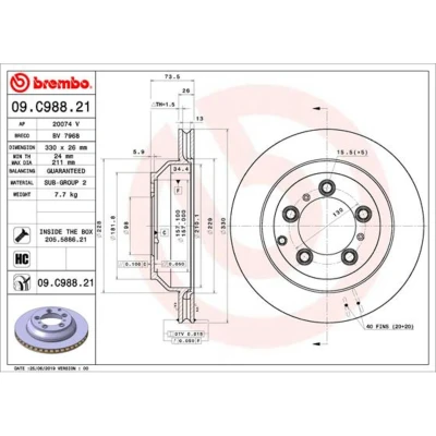 Kuva BREMBO 09.C988.21 Jarrulevyt 330 26 5 tuuletettu sisältä pinnoitettu hiiliteräs Ruuveilla